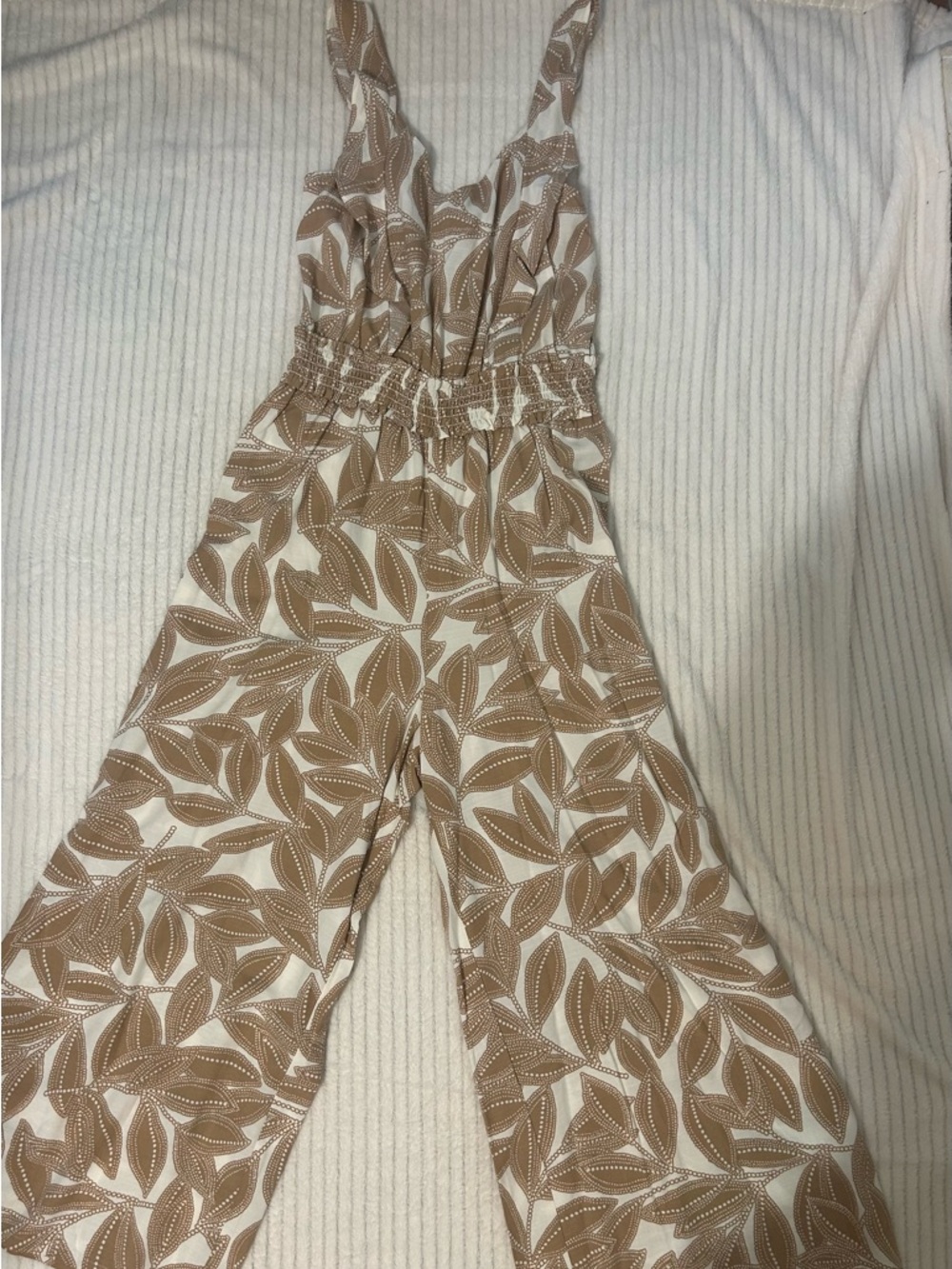 LOFT Cream and Brown Leaf-Print Wide-Leg Ruffled Jumpsuit Women’s Size Medium